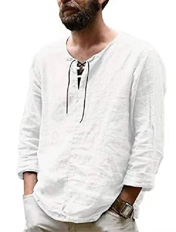 Solid Color Cotton Linen V-Neck Shirt