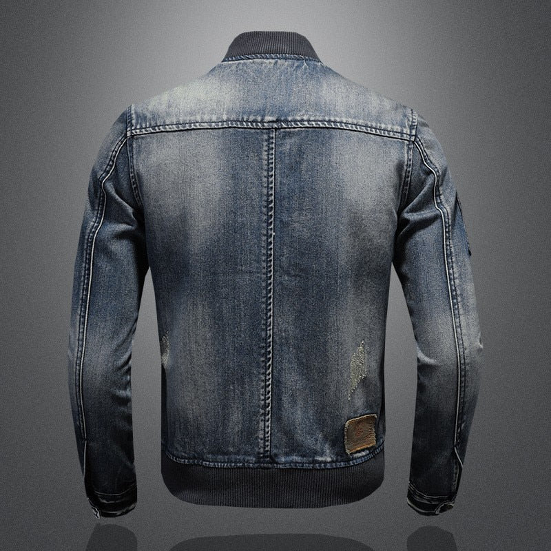 Vintage Stand Collar Denim Bomber Jacket