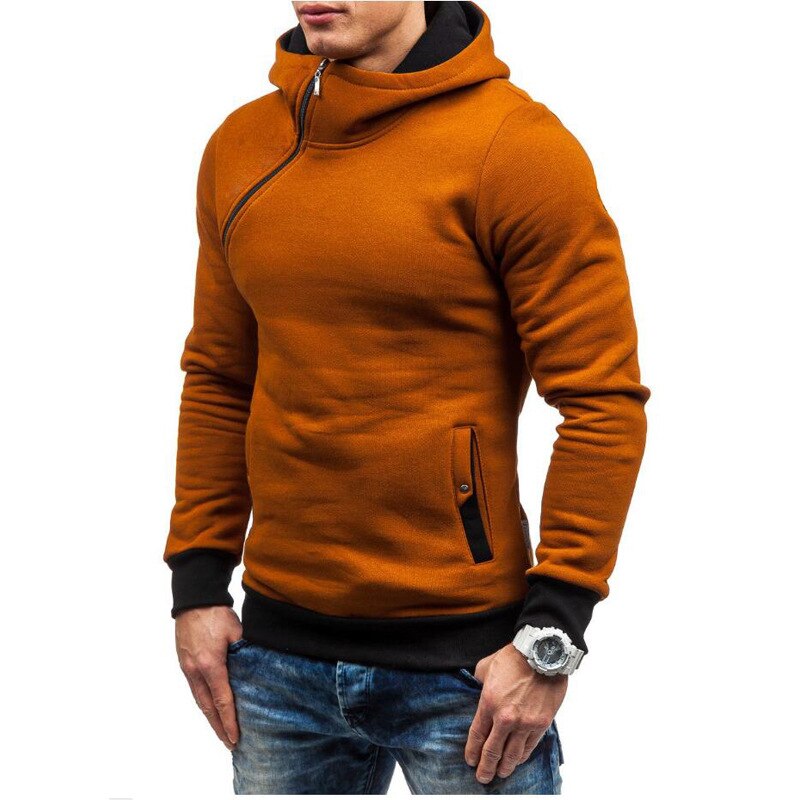 Fashion Solid Color Diagonal Zipper Hoodie