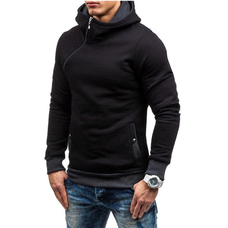 Fashion Solid Color Diagonal Zipper Hoodie