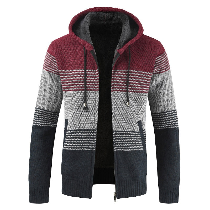 Striped Wool Warm Zipper Fleece Hooded Cardigan