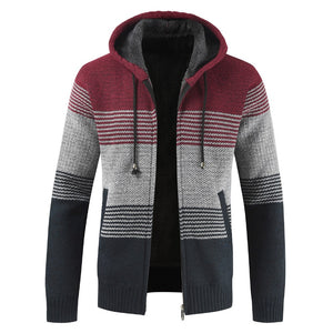 Striped Wool Warm Zipper Fleece Hooded Cardigan