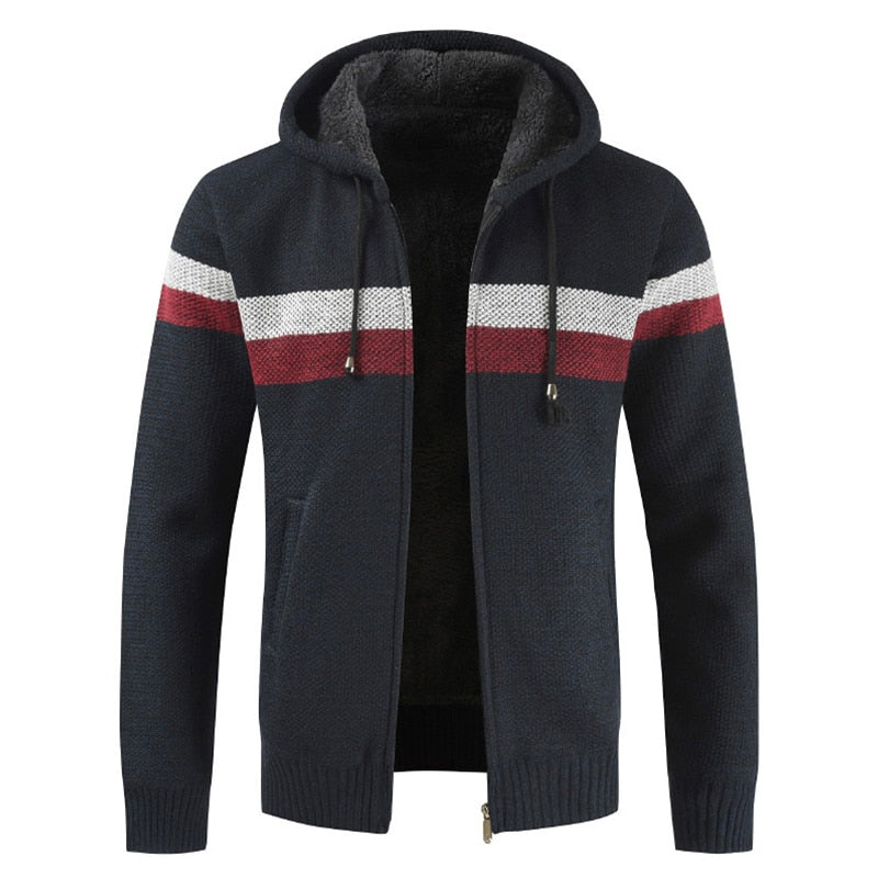 Striped Wool Warm Zipper Fleece Hooded Cardigan