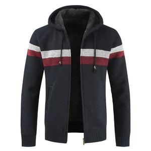 Striped Wool Warm Zipper Fleece Hooded Cardigan