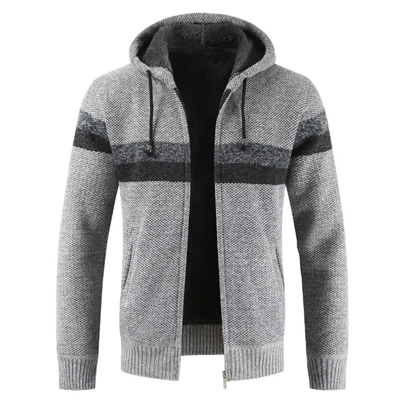 Striped Wool Warm Zipper Fleece Hooded Cardigan