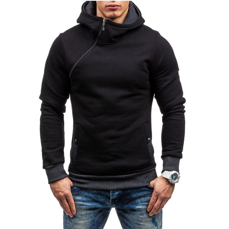 Fashion Solid Color Diagonal Zipper Hoodie