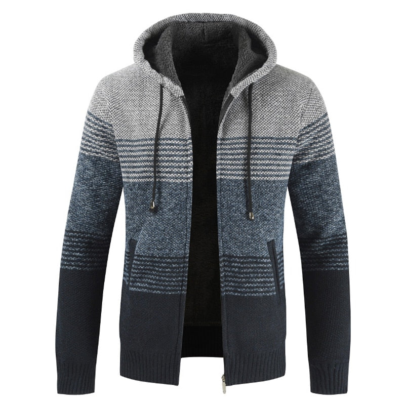 Striped Wool Warm Zipper Fleece Hooded Cardigan