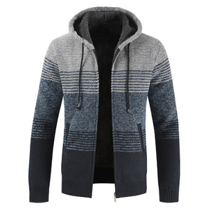 Striped Wool Warm Zipper Fleece Hooded Cardigan