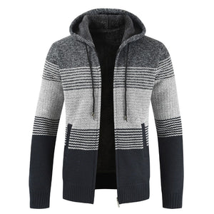 Striped Wool Warm Zipper Fleece Hooded Cardigan