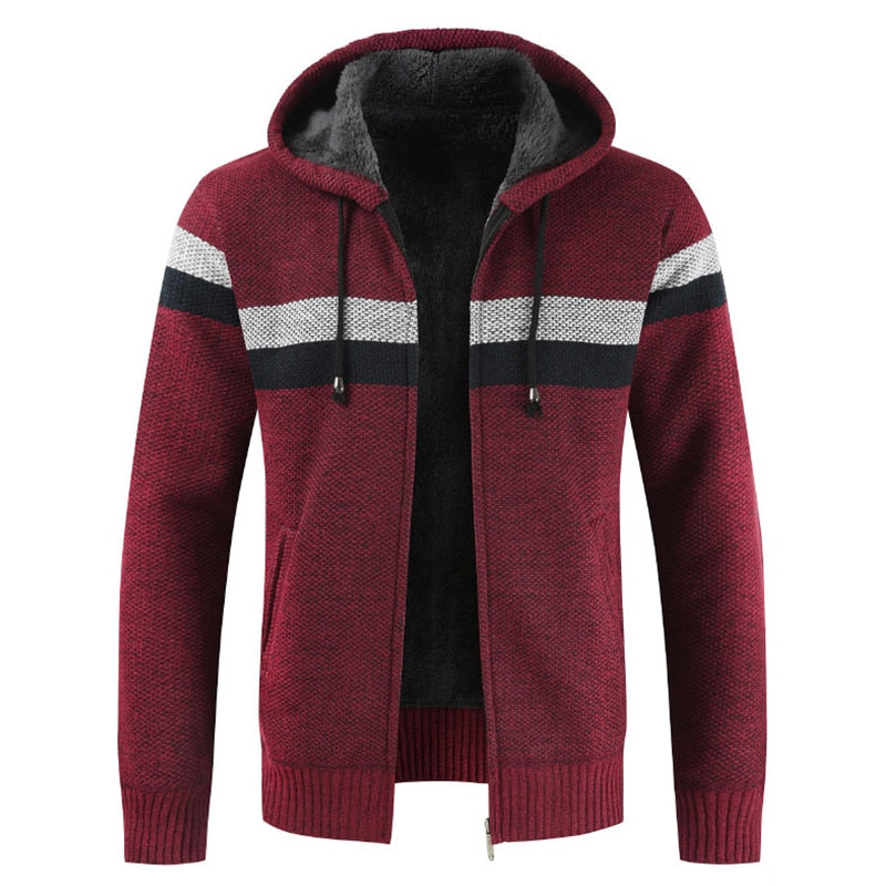 Striped Wool Warm Zipper Fleece Hooded Cardigan