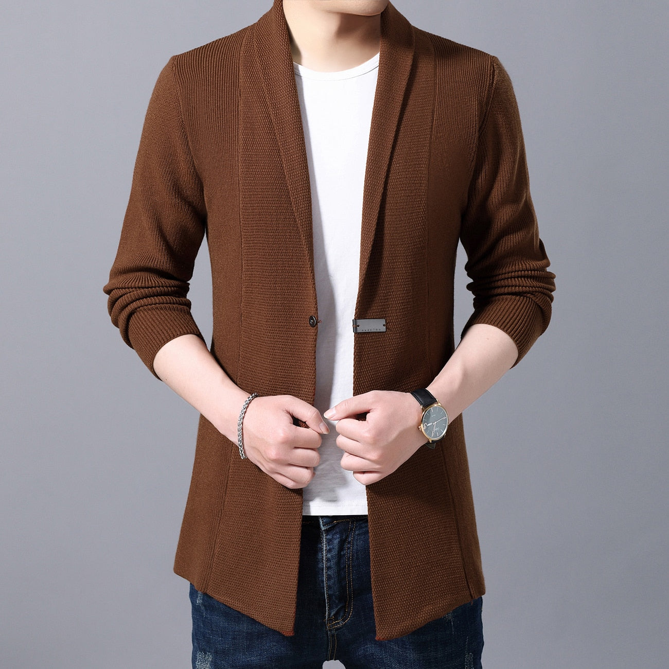 Casual Solid Color Long Single Button Cardigan