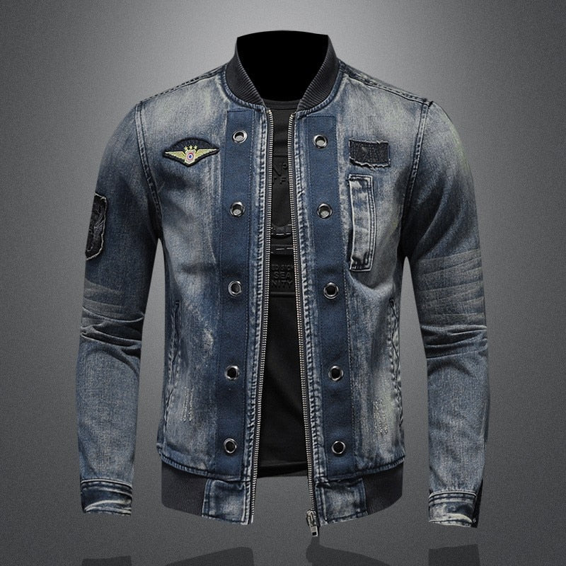 Vintage Stand Collar Denim Bomber Jacket