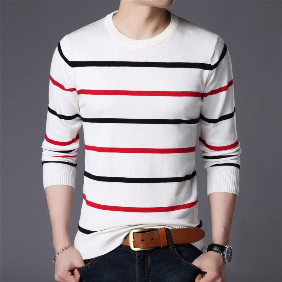 Fashion Striped Cotton Knitted O-Neck Sweater