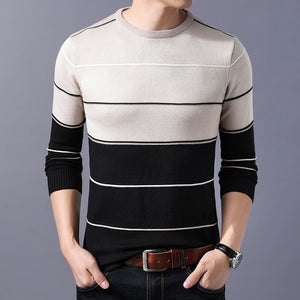 Elastic Striped Slim Fit O-Neck Sweater