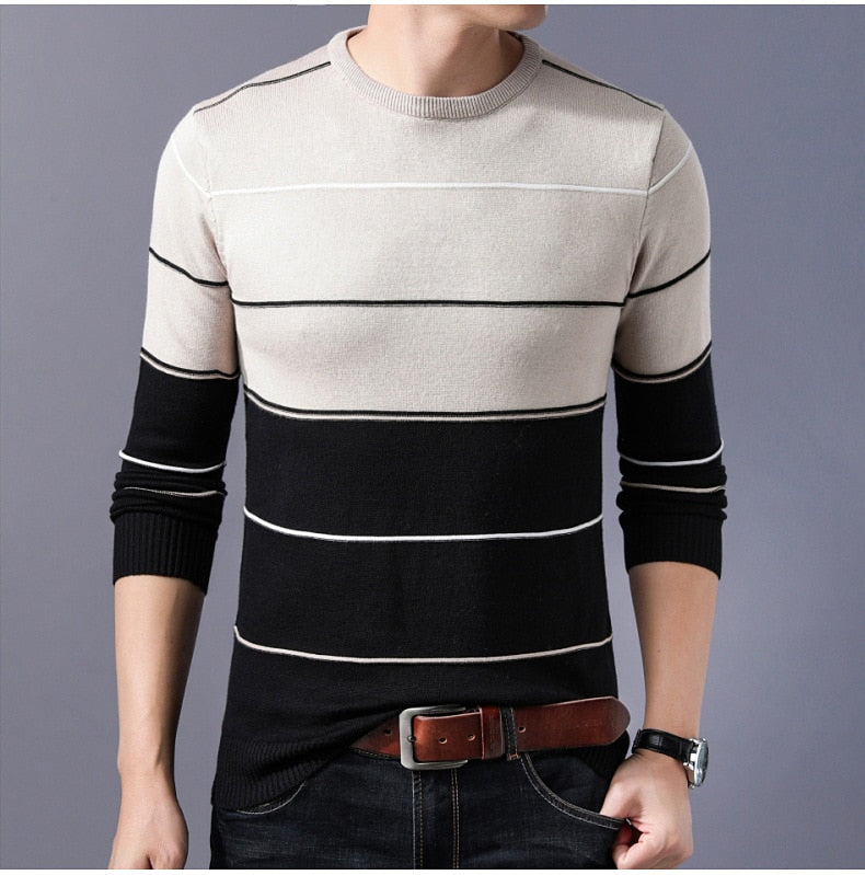 Elastic Striped Slim Fit O-Neck Sweater