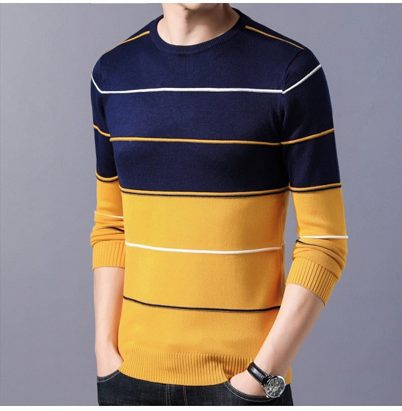 Elastic Striped Slim Fit O-Neck Sweater