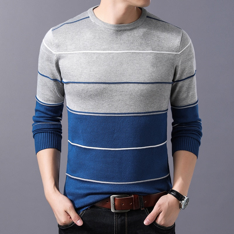 Elastic Striped Slim Fit O-Neck Sweater