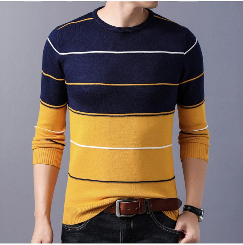 Elastic Striped Slim Fit O-Neck Sweater