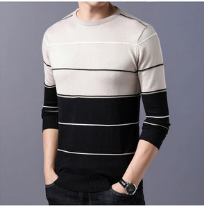 Elastic Striped Slim Fit O-Neck Sweater