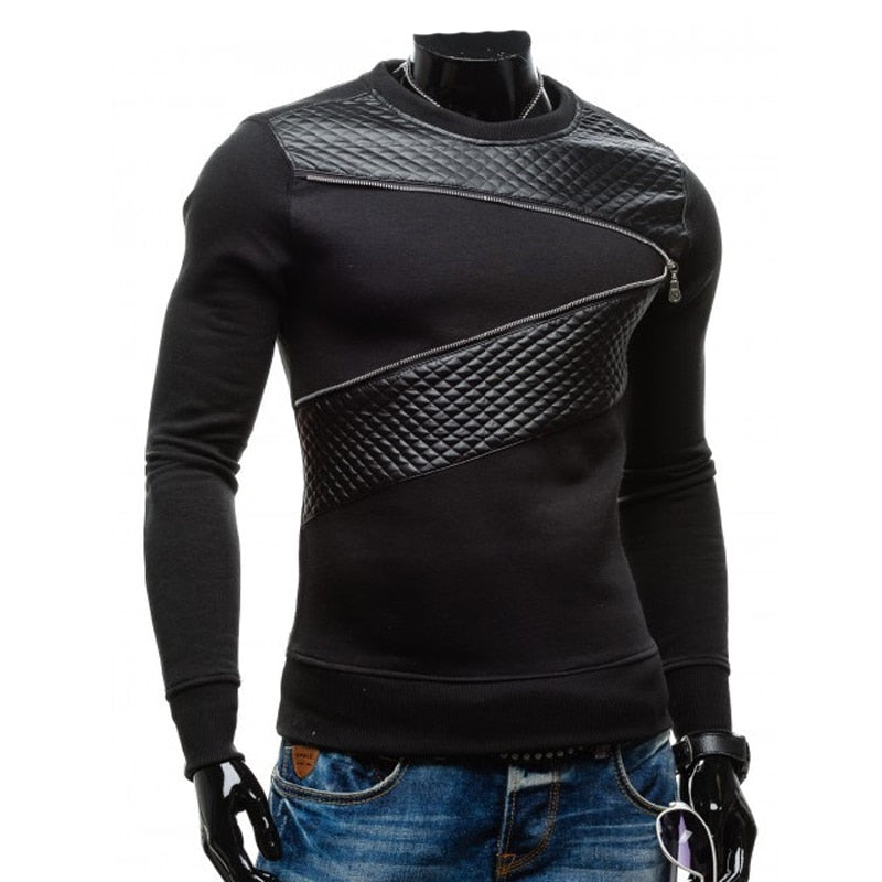 Leather Patchwork Zipper Long Sleeve Sweatshirt