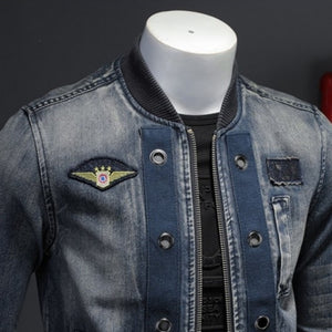 Vintage Stand Collar Denim Bomber Jacket