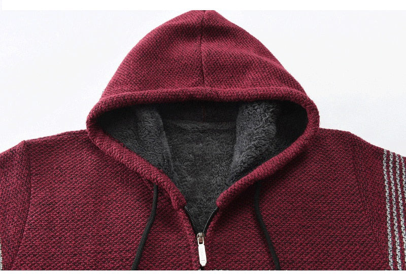 Striped Wool Warm Zipper Fleece Hooded Cardigan