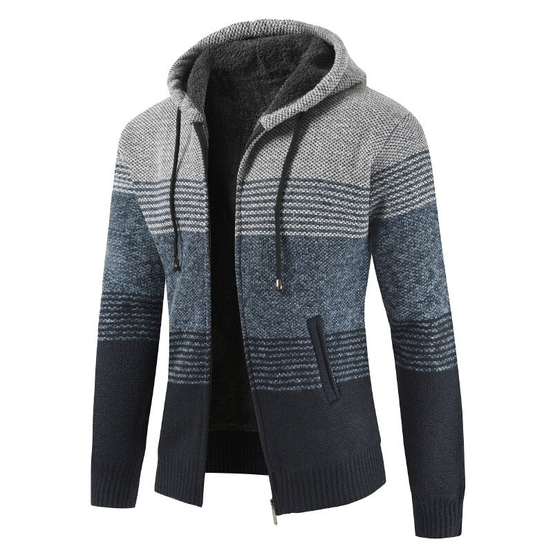 Striped Wool Warm Zipper Fleece Hooded Cardigan