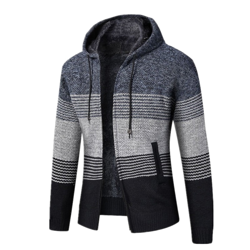 Striped Wool Warm Zipper Fleece Hooded Cardigan