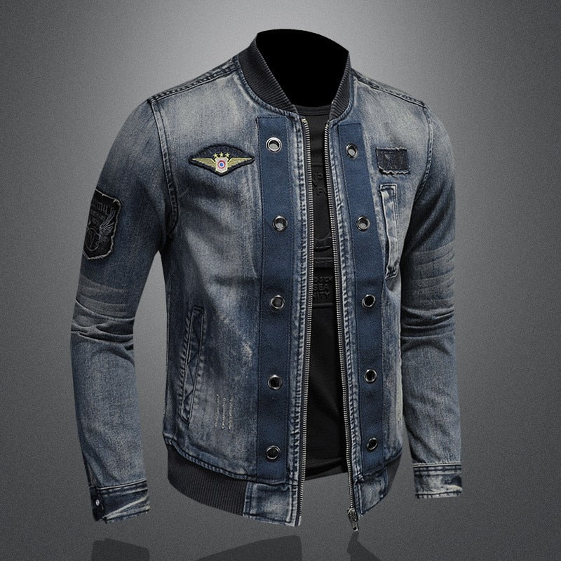 Vintage Stand Collar Denim Bomber Jacket