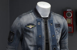 Vintage Stand Collar Denim Bomber Jacket