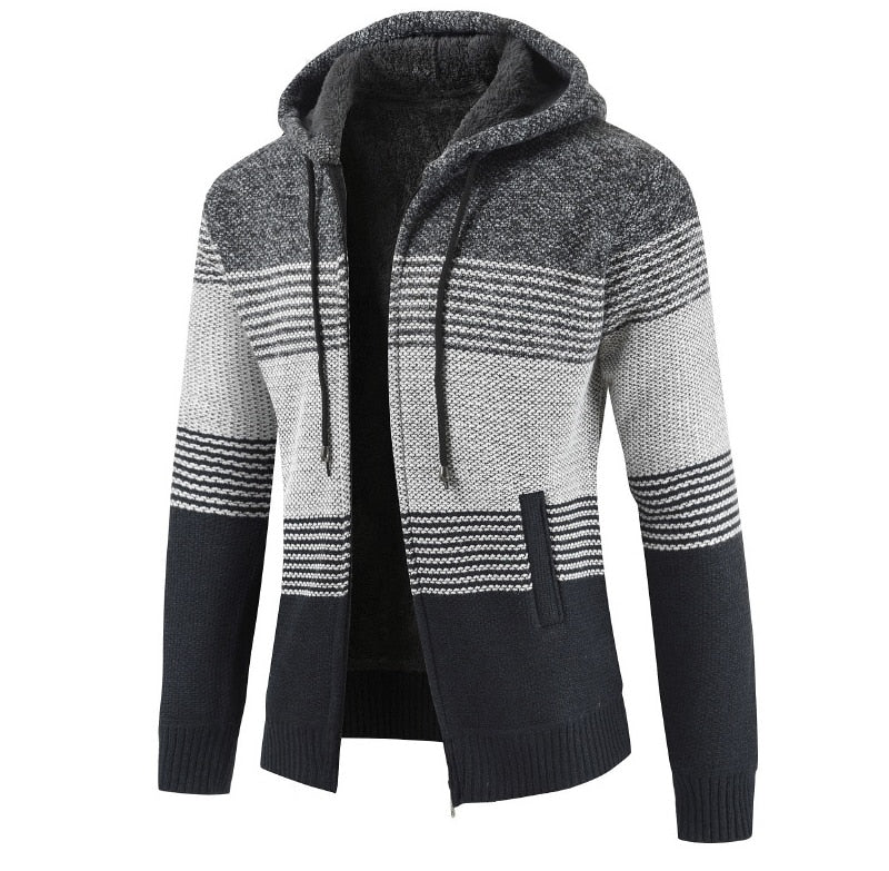 Striped Wool Warm Zipper Fleece Hooded Cardigan