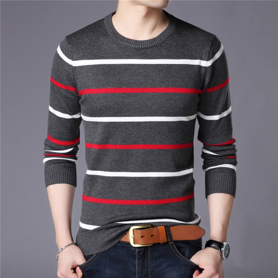 Fashion Striped Cotton Knitted O-Neck Sweater