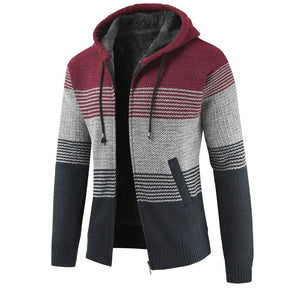 Striped Wool Warm Zipper Fleece Hooded Cardigan