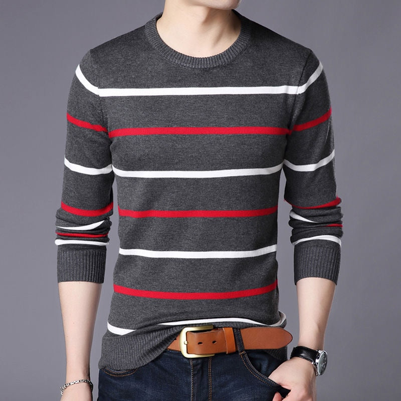 Fashion Striped Cotton Knitted O-Neck Sweater