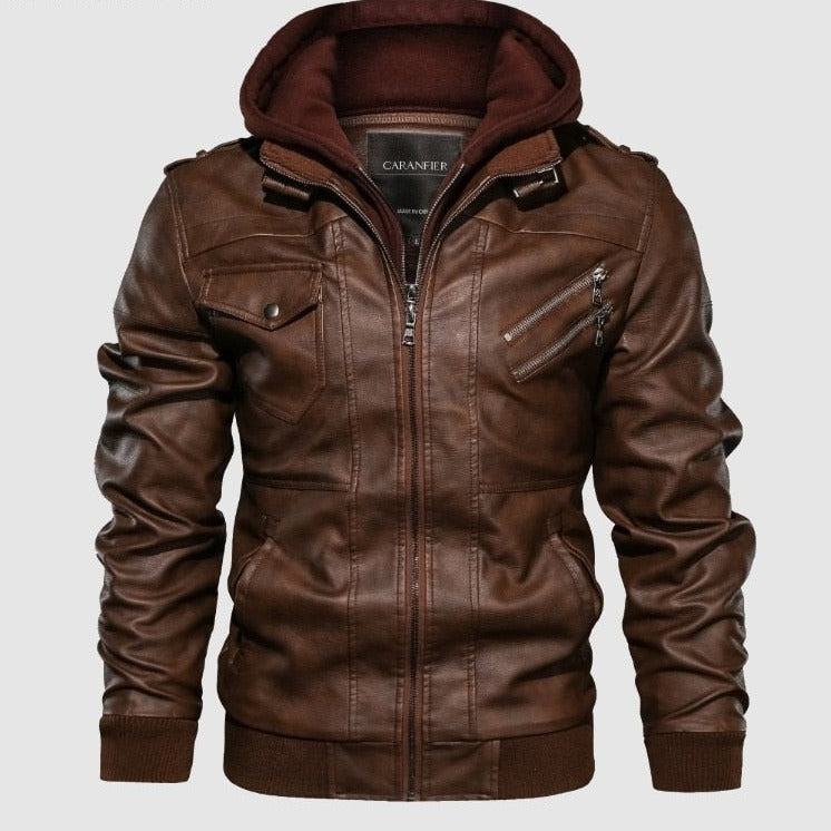 Autumn Winter Leather Motorcycle Hooded Jacket