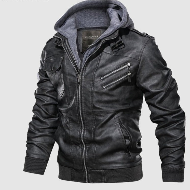 Autumn Winter Leather Motorcycle Hooded Jacket