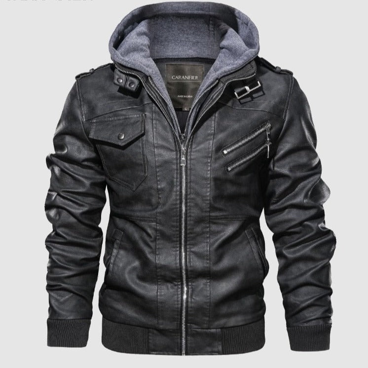 Autumn Winter Leather Motorcycle Hooded Jacket