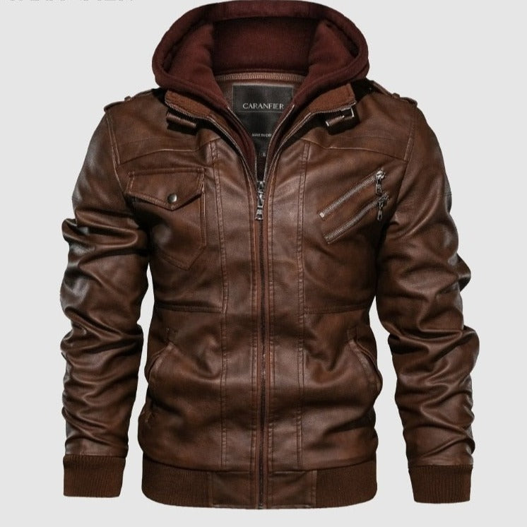 Autumn Winter Leather Motorcycle Hooded Jacket