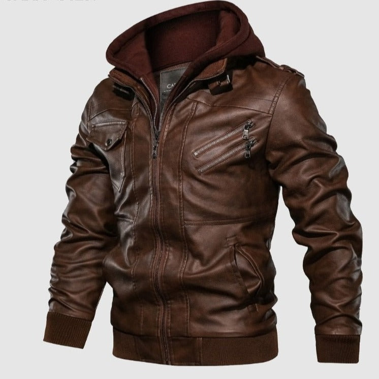 Autumn Winter Leather Motorcycle Hooded Jacket