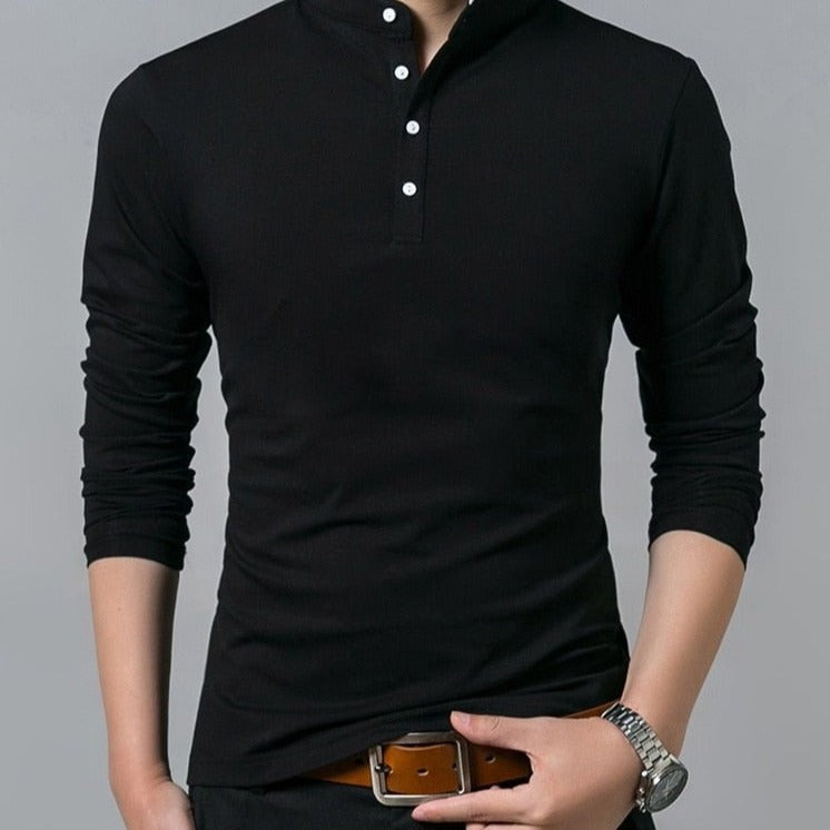 Solid Color Full Sleeve Mandarin Collar T-Shirt