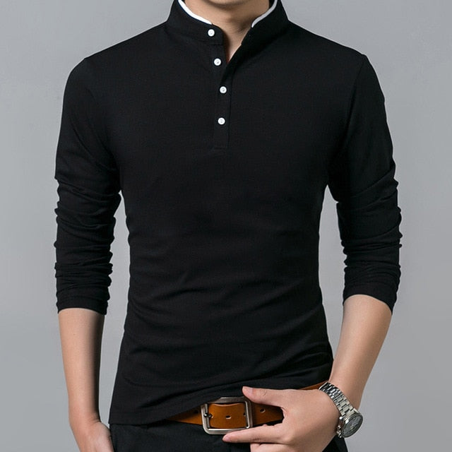 Solid Color Full Sleeve Mandarin Collar T-Shirt