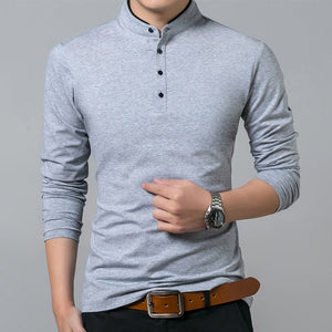 Solid Color Full Sleeve Mandarin Collar T-Shirt