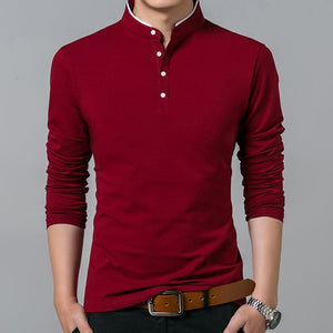 Solid Color Full Sleeve Mandarin Collar T-Shirt