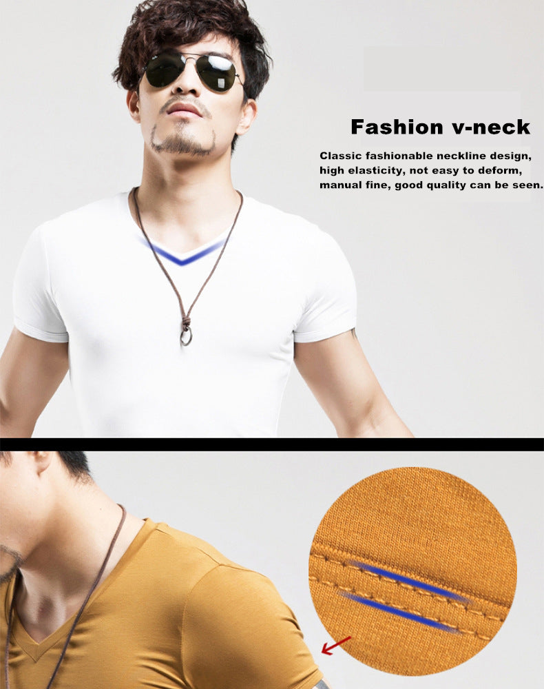 Soft Slim Stretch Solid Color V-Neck T-Shirt