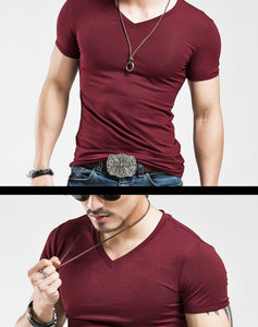 Soft Slim Stretch Solid Color V-Neck T-Shirt