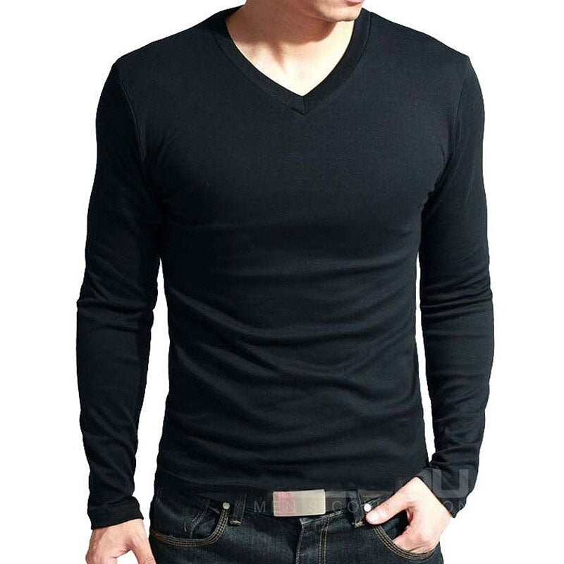 Soft Thin Long Sleeve Elastic V-Neck T-Shirt