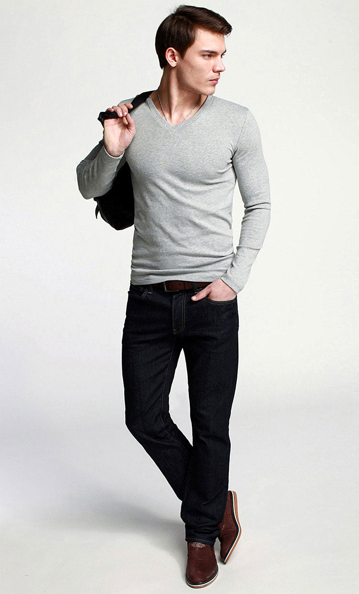 Soft Thin Long Sleeve Elastic V-Neck T-Shirt