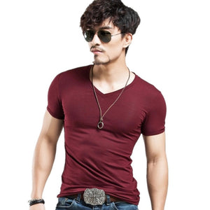 Soft Slim Stretch Solid Color V-Neck T-Shirt